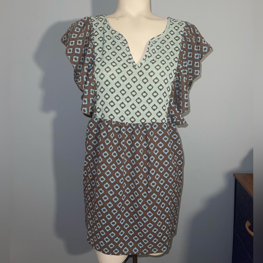 Suzanne Betro Teal and Brown Geometric short sleeve Blouse top shirt XL NWT
